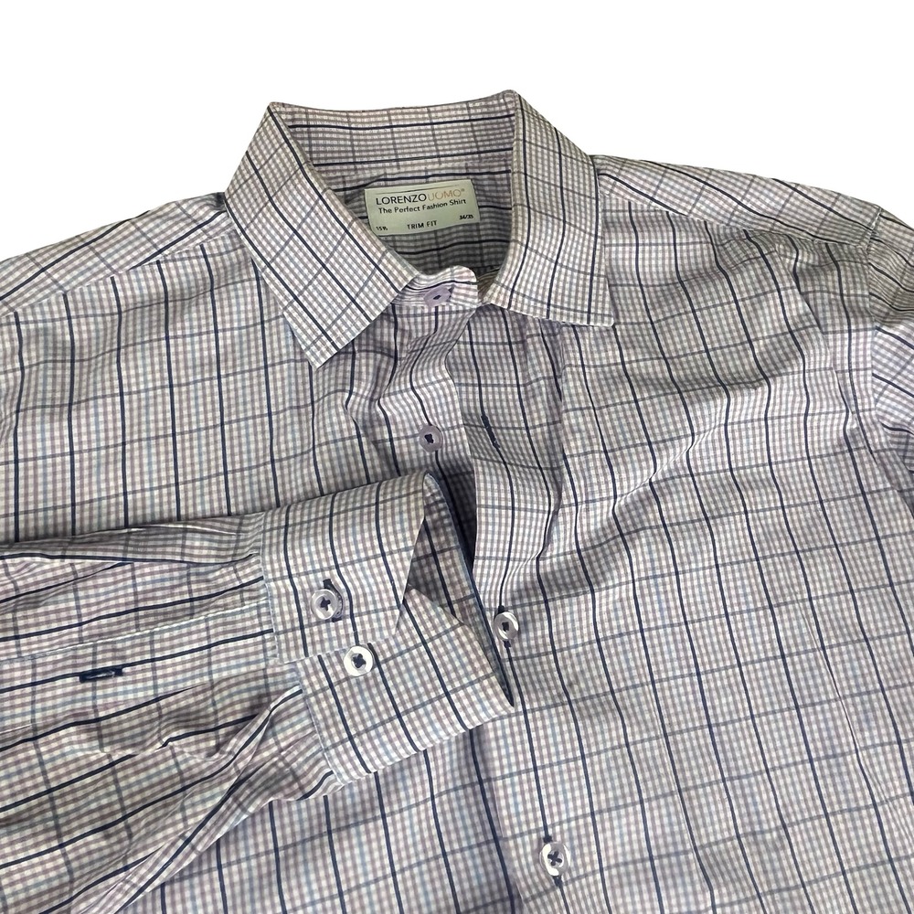 Lorenzo Uomo Mens Trim Fit Dress Shirt 15.5 34/35 Blue Purple Plaid Check L/S